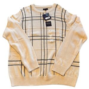 NWT Croft & Barrow Mens Plaid Crewneck Sweater Ivory Windowpane Cotton Large